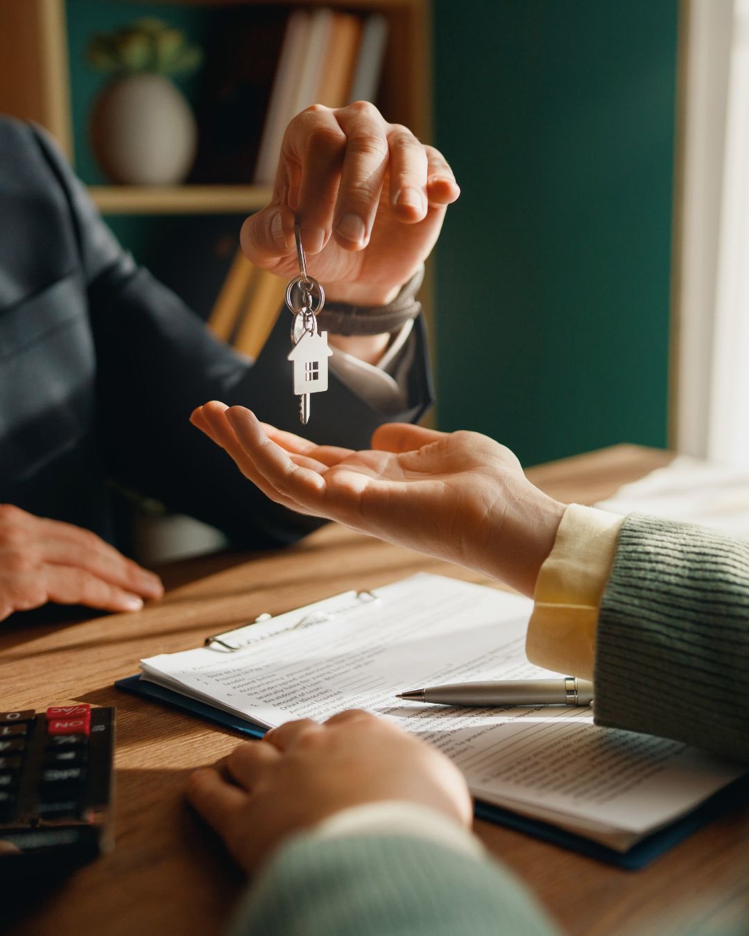 Leading agent handing keys to new tenant after signing lease